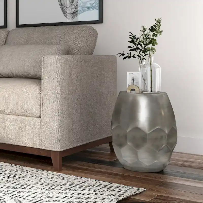Drum Shape Metal Accent Side Table with Honeycomb Design