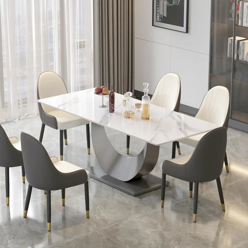 79" Faux Marble Rectangle Dining Table with Crescent Pedestal Base — Seats 10