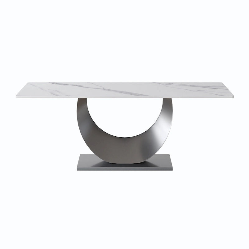 79" Faux Marble Rectangle Dining Table with Crescent Pedestal Base — Seats 10