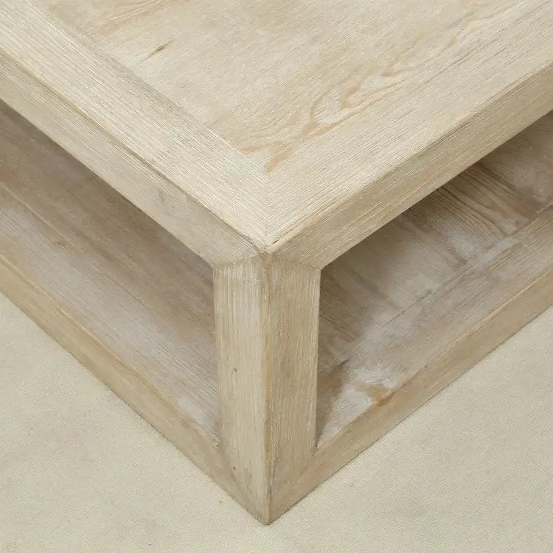 Square Handcrafted Reclaimed Pine Coffee Table with Weathered White Finish