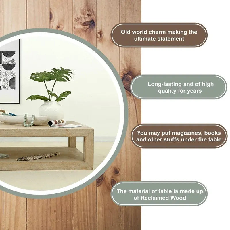 Quadratischer handgefertigter Couchtisch aus recyceltem Kiefernholz mit verwittert-weißem Finish