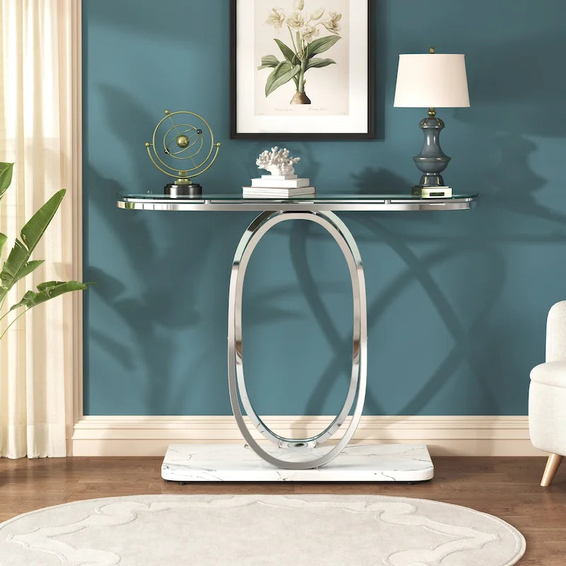 43" Geometric Oval Base Console Table — Marble & Glass Top