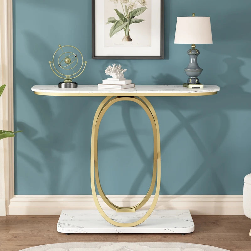 43" Geometric Oval Base Console Table — Marble & Glass Top