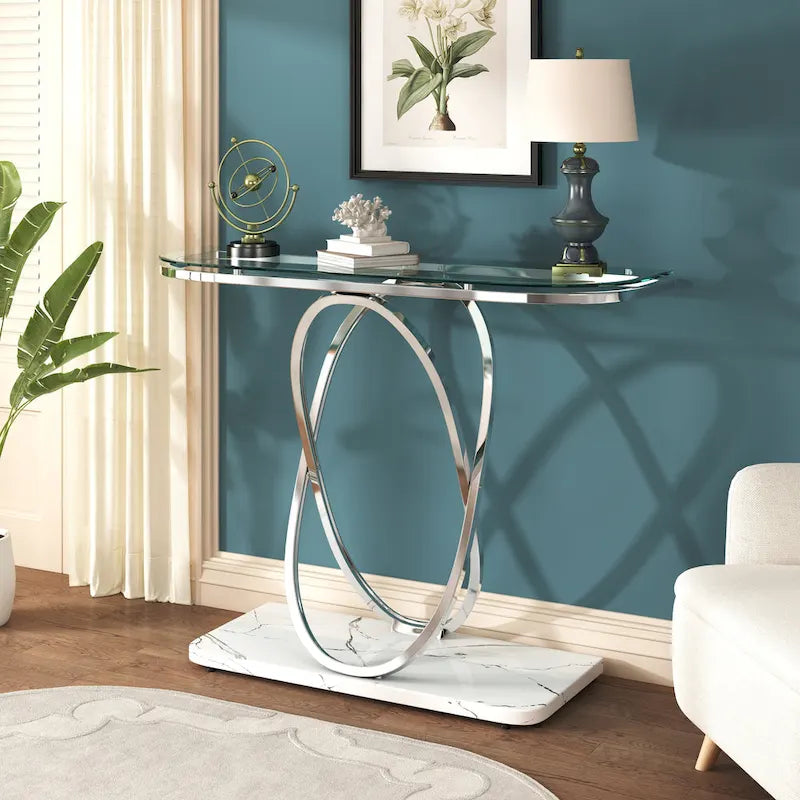 43" Geometric Oval Base Console Table — Marble & Glass Top