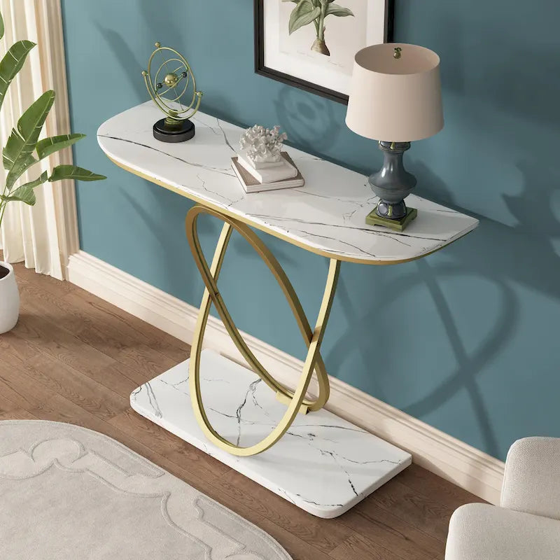 Table console de 43" avec base ovale géométrique — plateau en marbre et verre