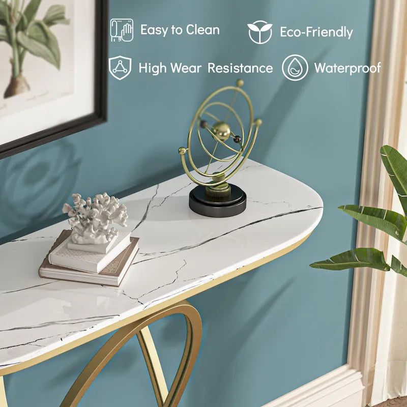 Table console de 43" avec base ovale géométrique — plateau en marbre et verre