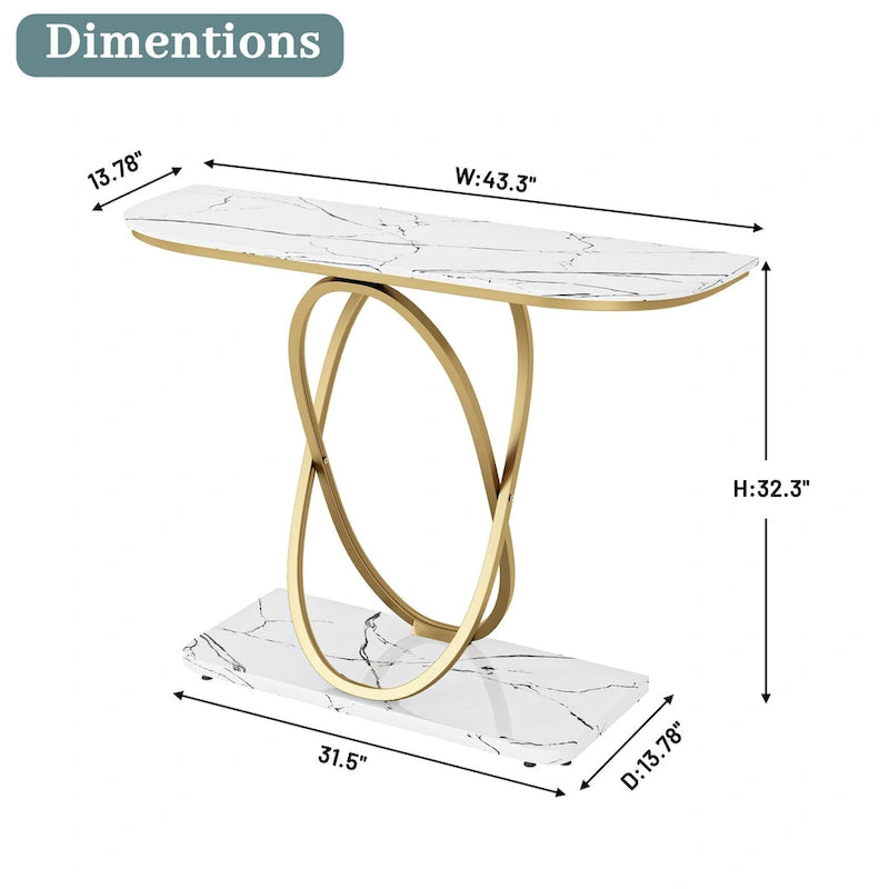 Table console de 43" avec base ovale géométrique — plateau en marbre et verre