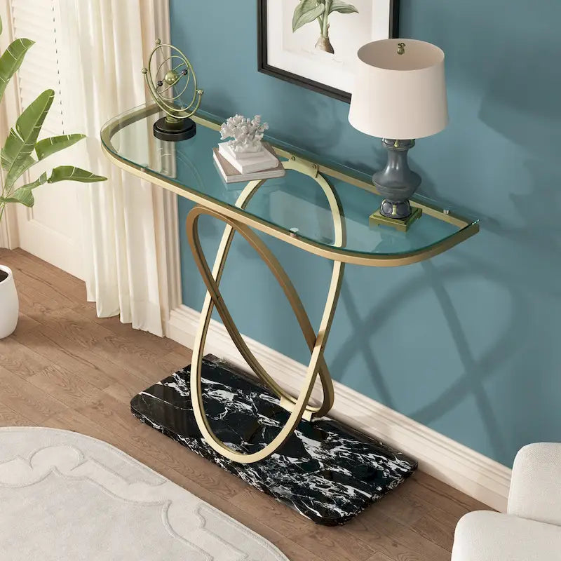Table console de 43" avec base ovale géométrique — plateau en marbre et verre