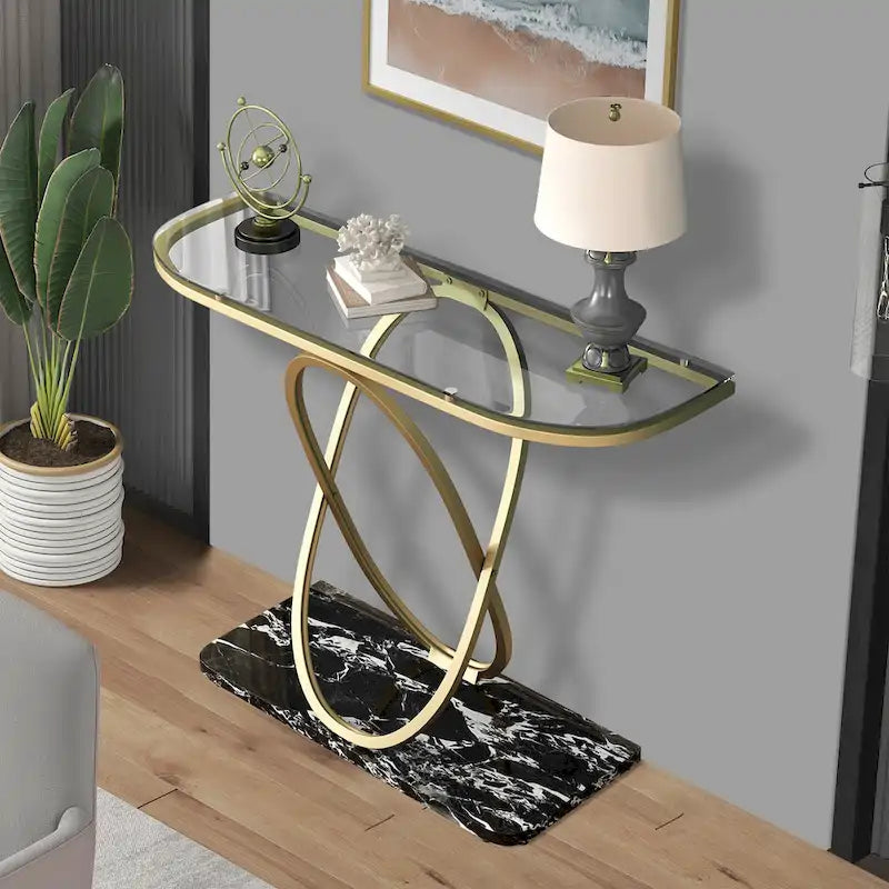 Table console de 43" avec base ovale géométrique — plateau en marbre et verre