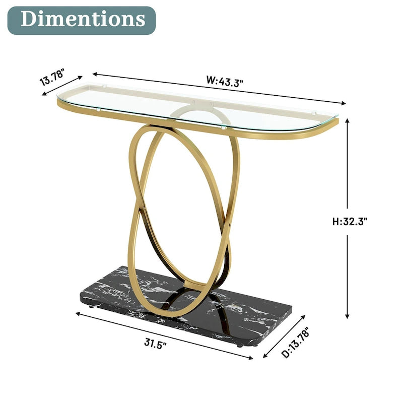 Table console de 43" avec base ovale géométrique — plateau en marbre et verre