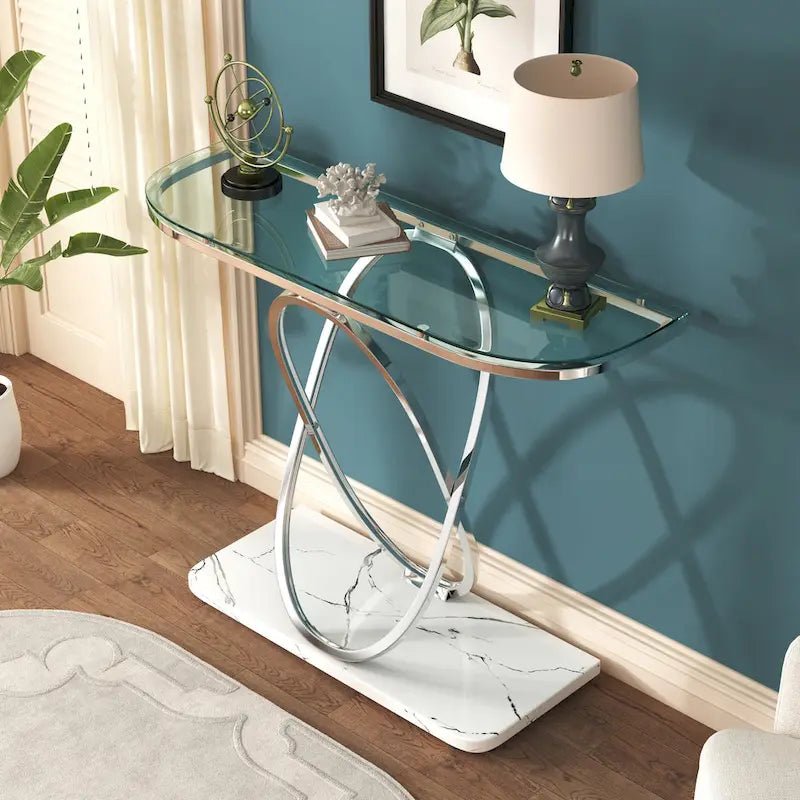 Table console de 43" avec base ovale géométrique — plateau en marbre et verre