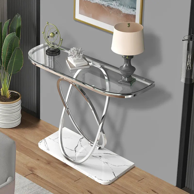 Table console de 43" avec base ovale géométrique — plateau en marbre et verre
