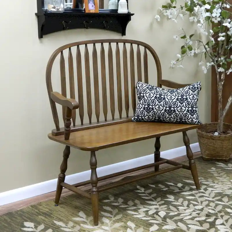 Windsor Style Wood Bench with Arms & Antique Hand Finish
