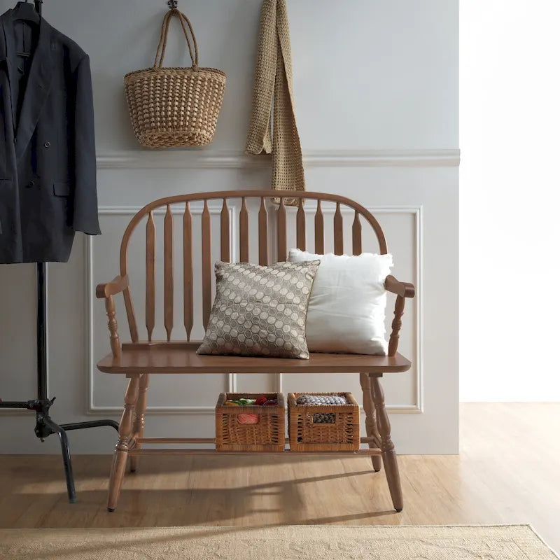 Windsor Style Wood Bench with Arms & Antique Hand Finish