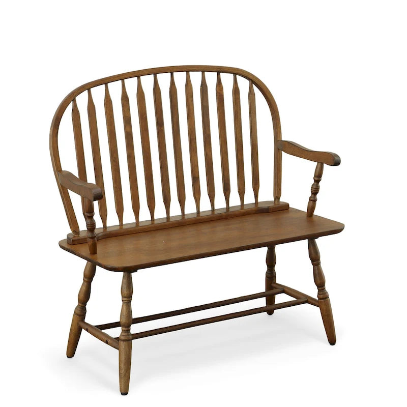 Windsor Style Wood Bench with Arms & Antique Hand Finish