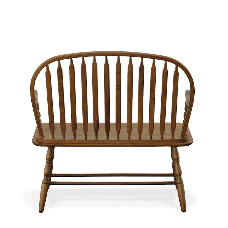 Windsor Style Wood Bench with Arms & Antique Hand Finish