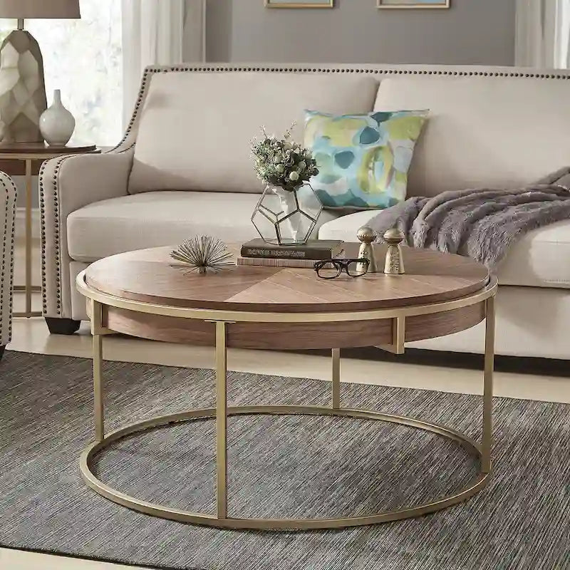 Table basse ronde en placage de bois avec base en métal doré