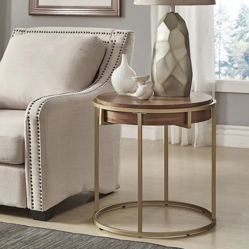 Round Wood Veneer Coffee Table with Gold Metal Base