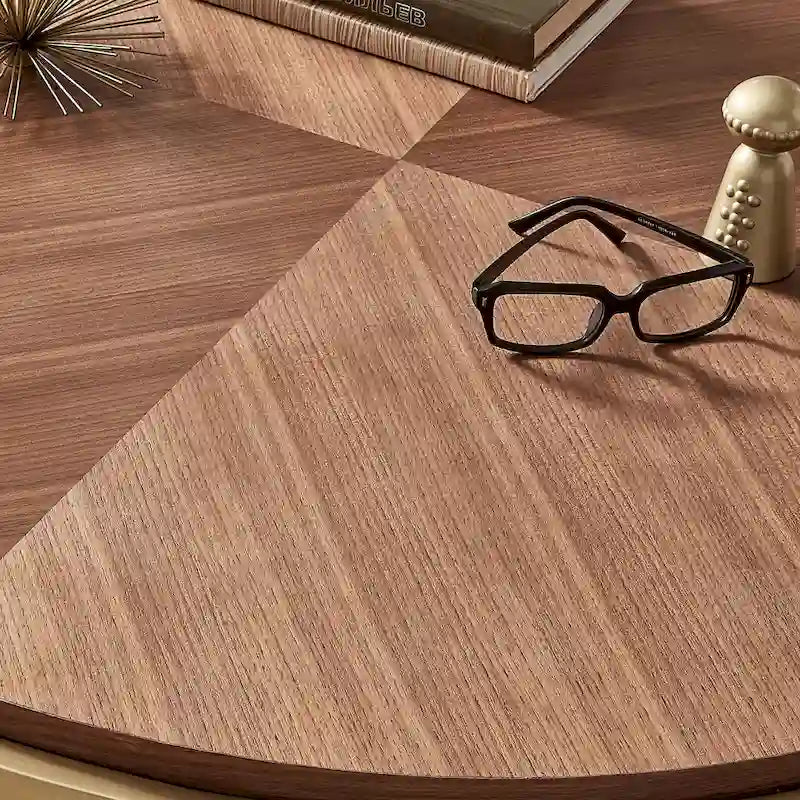 Round Wood Veneer Coffee Table with Gold Metal Base
