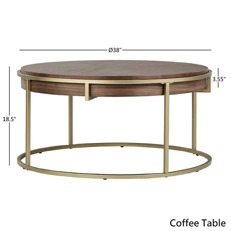 Table basse ronde en placage de bois avec base en métal doré