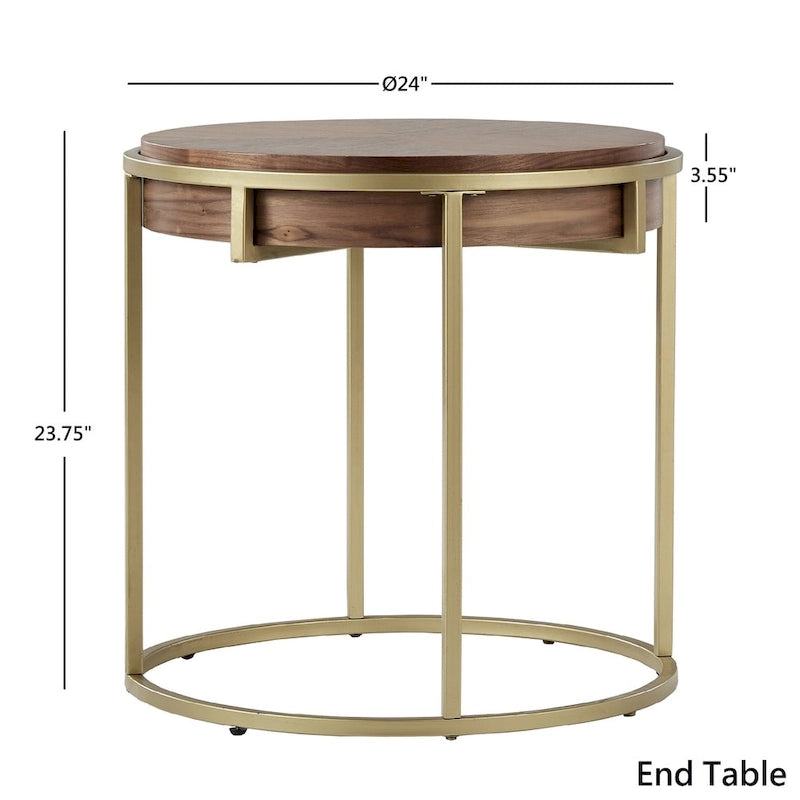 Table basse ronde en placage de bois avec base en métal doré