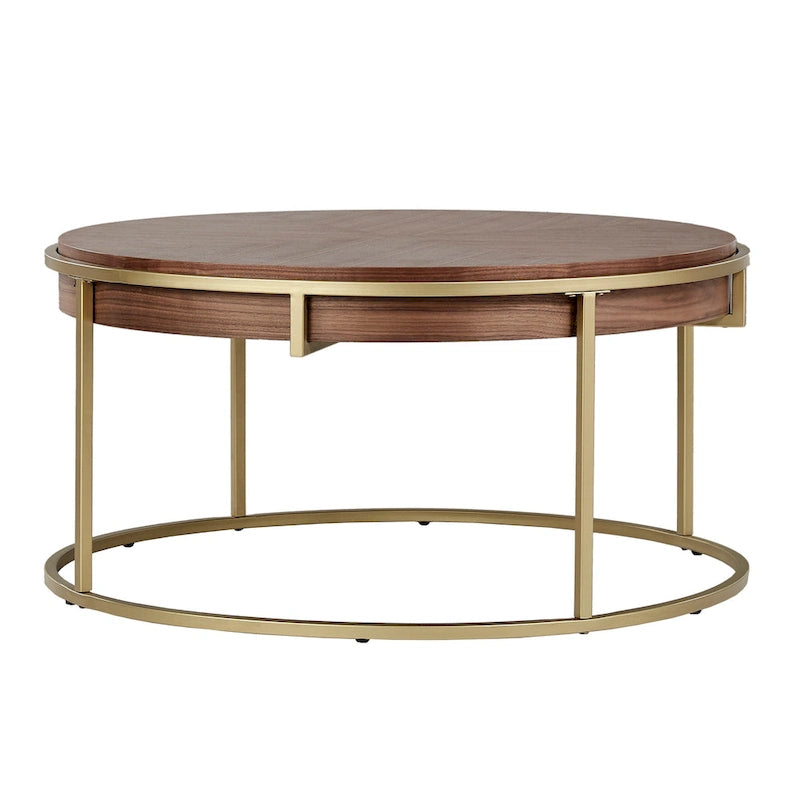 Table basse ronde en placage de bois avec base en métal doré