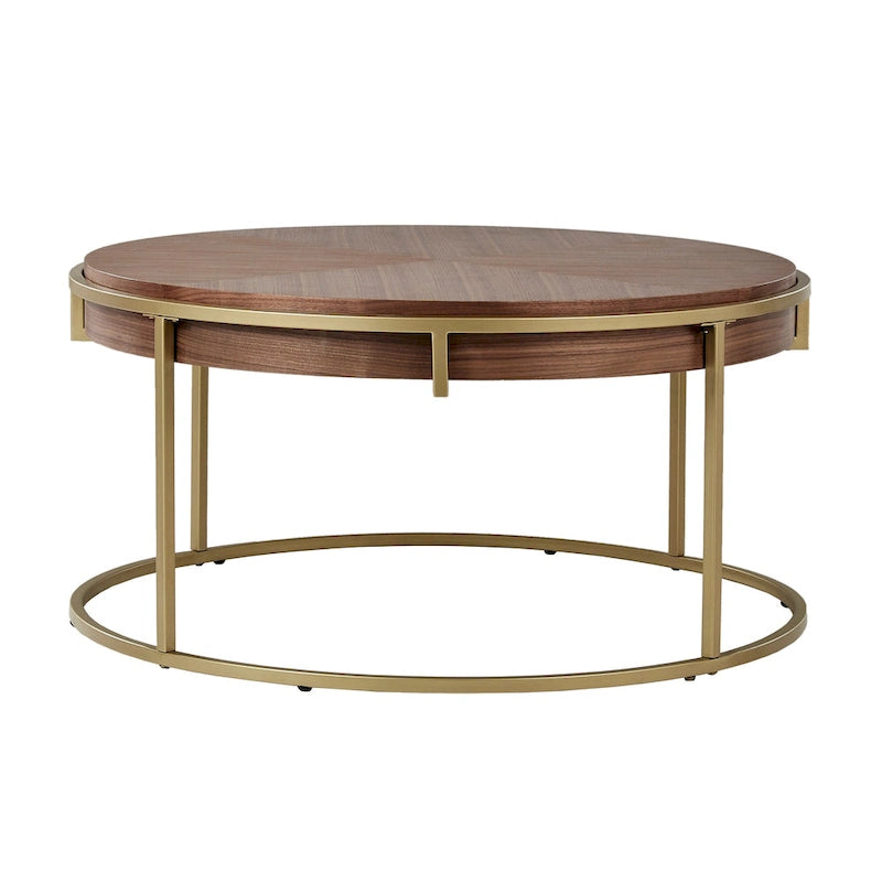 Table basse ronde en placage de bois avec base en métal doré