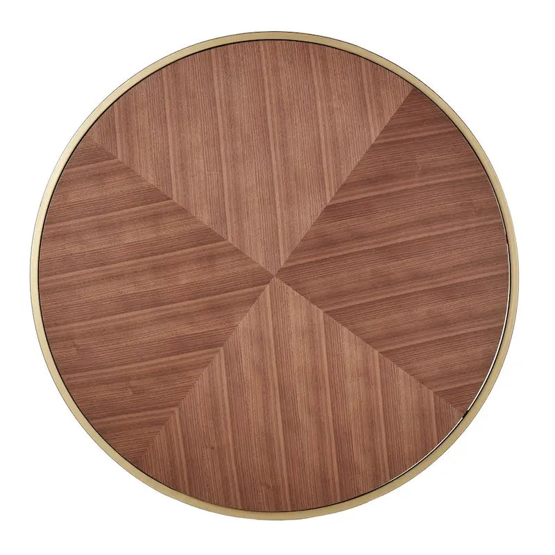 Table basse ronde en placage de bois avec base en métal doré