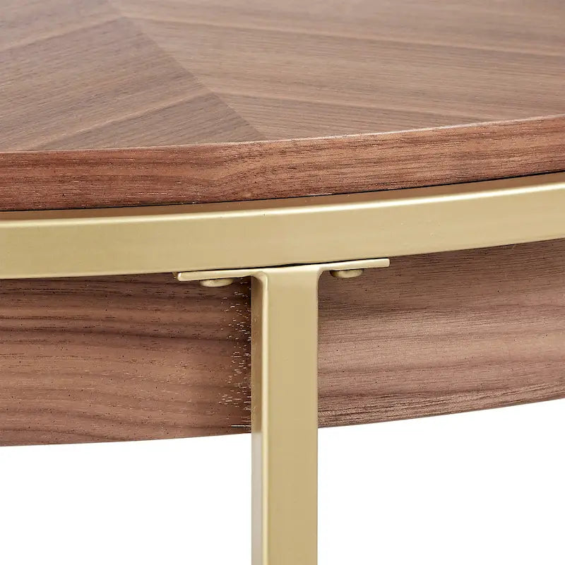 Table basse ronde en placage de bois avec base en métal doré