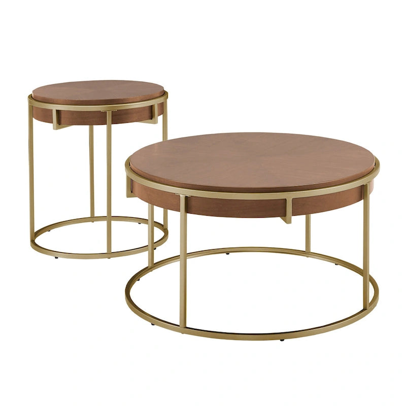Table basse ronde en placage de bois avec base en métal doré