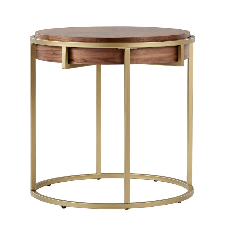 Table basse ronde en placage de bois avec base en métal doré