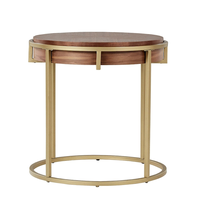 Table basse ronde en placage de bois avec base en métal doré