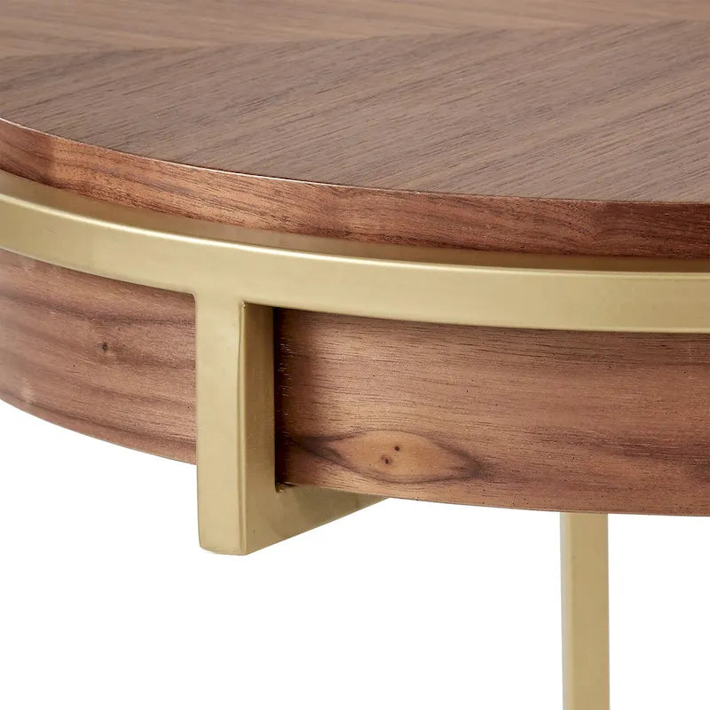 Table basse ronde en placage de bois avec base en métal doré