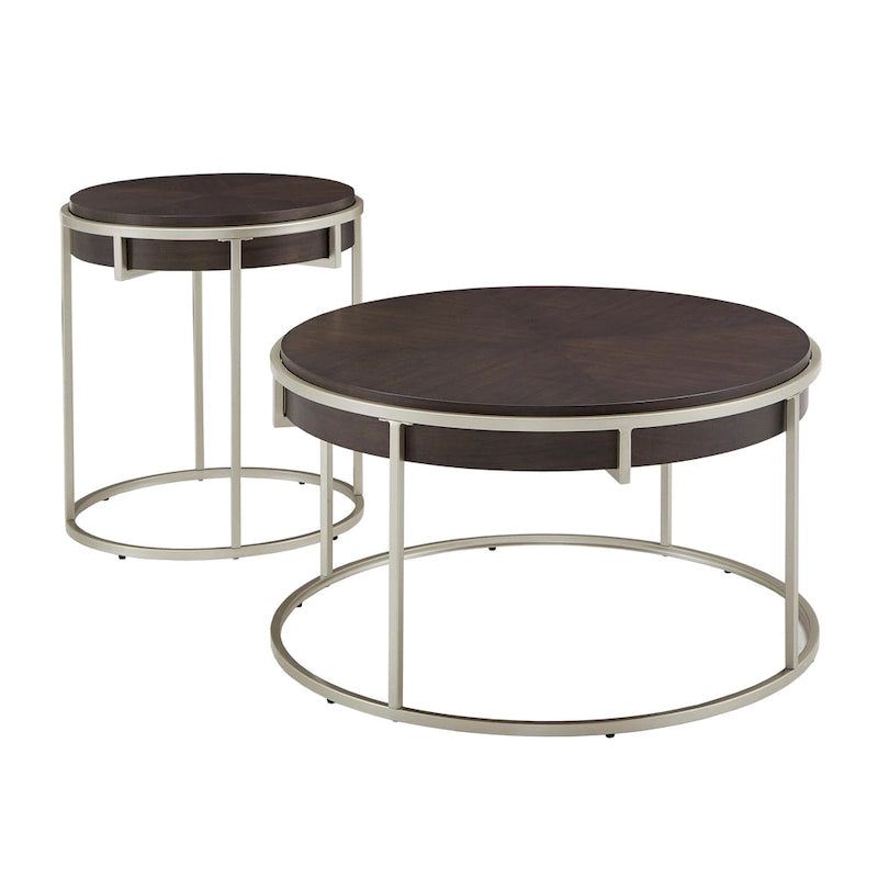 Table basse ronde en placage de bois avec base en métal doré