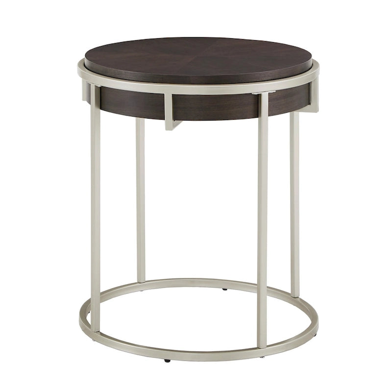 Table basse ronde en placage de bois avec base en métal doré
