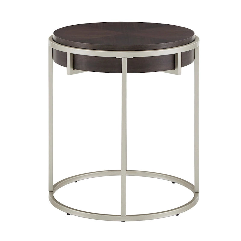Table basse ronde en placage de bois avec base en métal doré