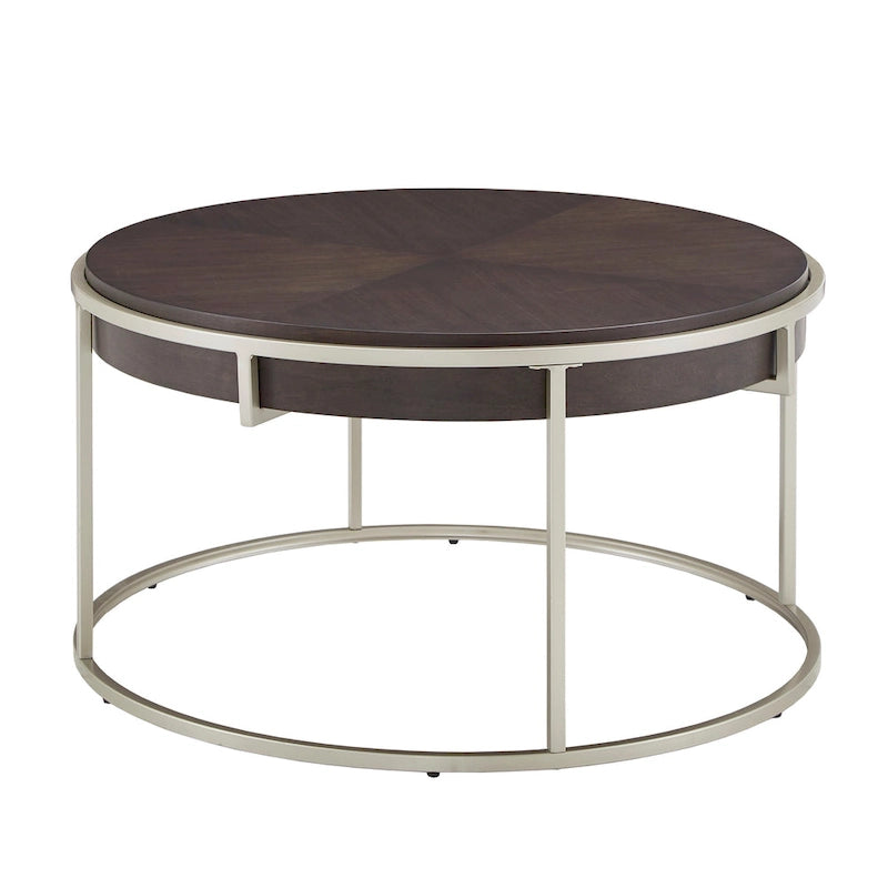 Table basse ronde en placage de bois avec base en métal doré
