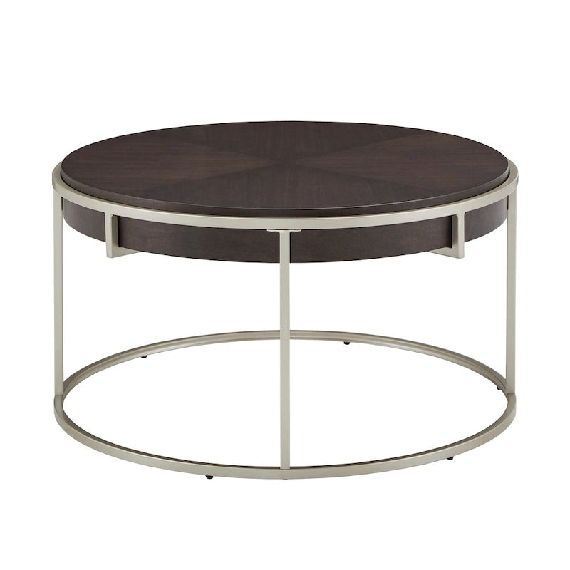 Table basse ronde en placage de bois avec base en métal doré