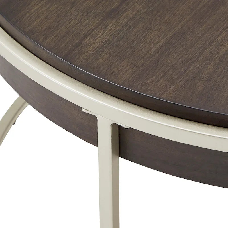 Table basse ronde en placage de bois avec base en métal doré