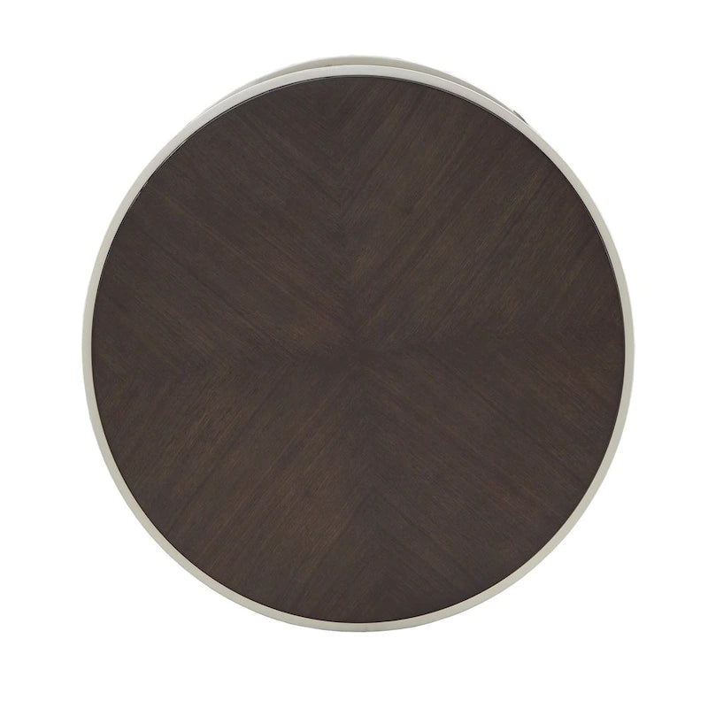 Table basse ronde en placage de bois avec base en métal doré