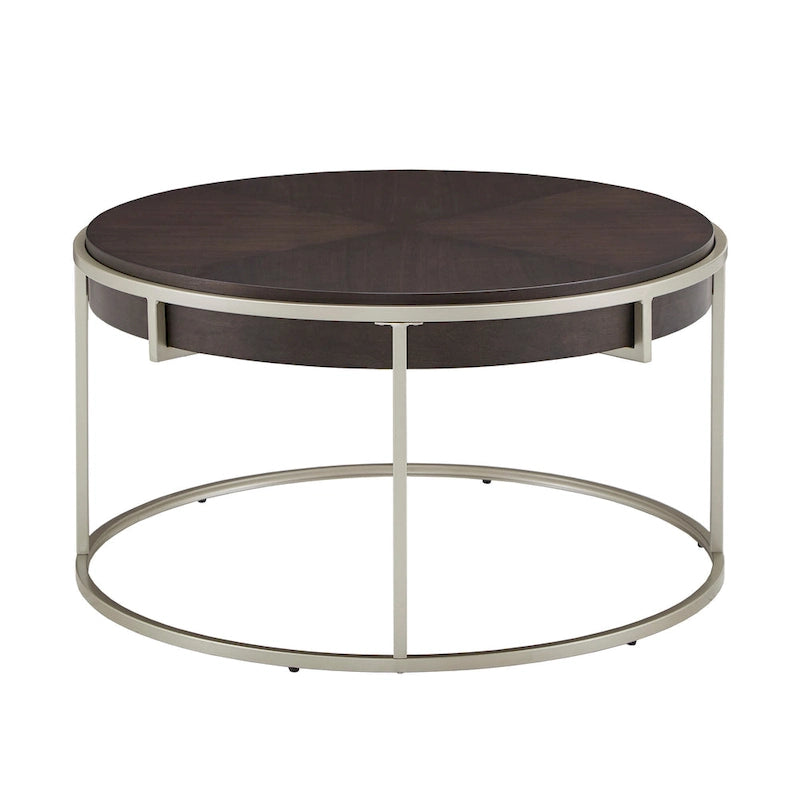 Table basse ronde en placage de bois avec base en métal doré