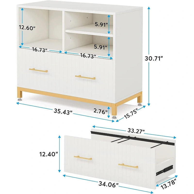 Seitlicher Aktenschrank mit Schublade, offenen Regalen und goldfarbenen Metallbeinen