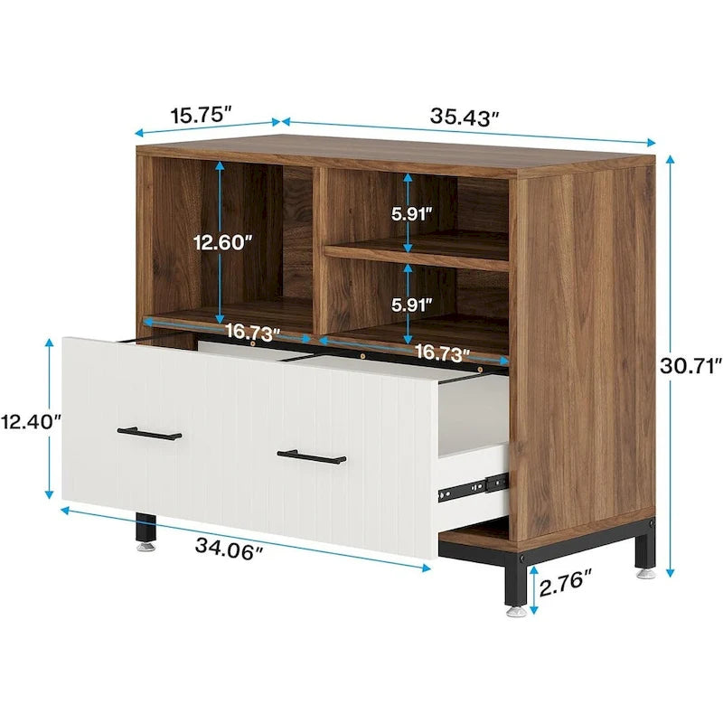 Seitlicher Aktenschrank mit Schublade, offenen Regalen und goldfarbenen Metallbeinen