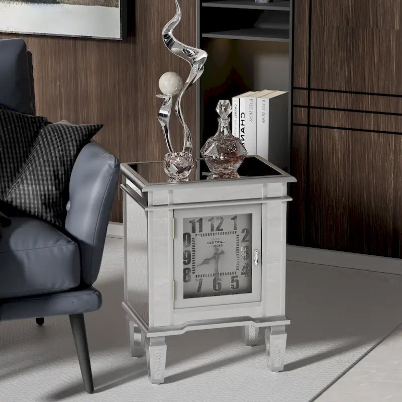 Table d'appoint avec miroir et horloge intégrée — argent antique