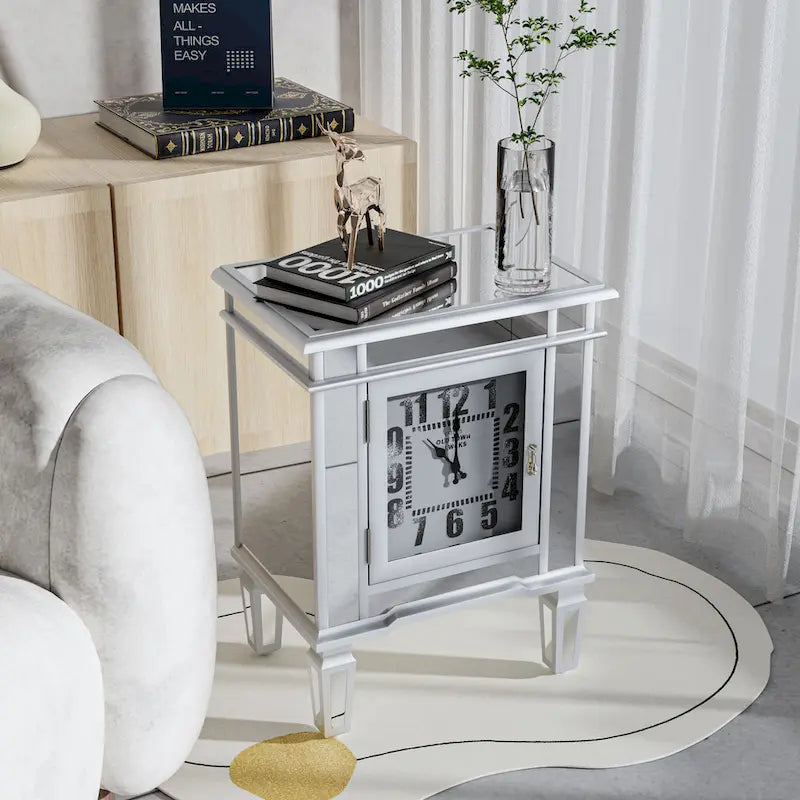 Table d'appoint avec miroir et horloge intégrée — argent antique