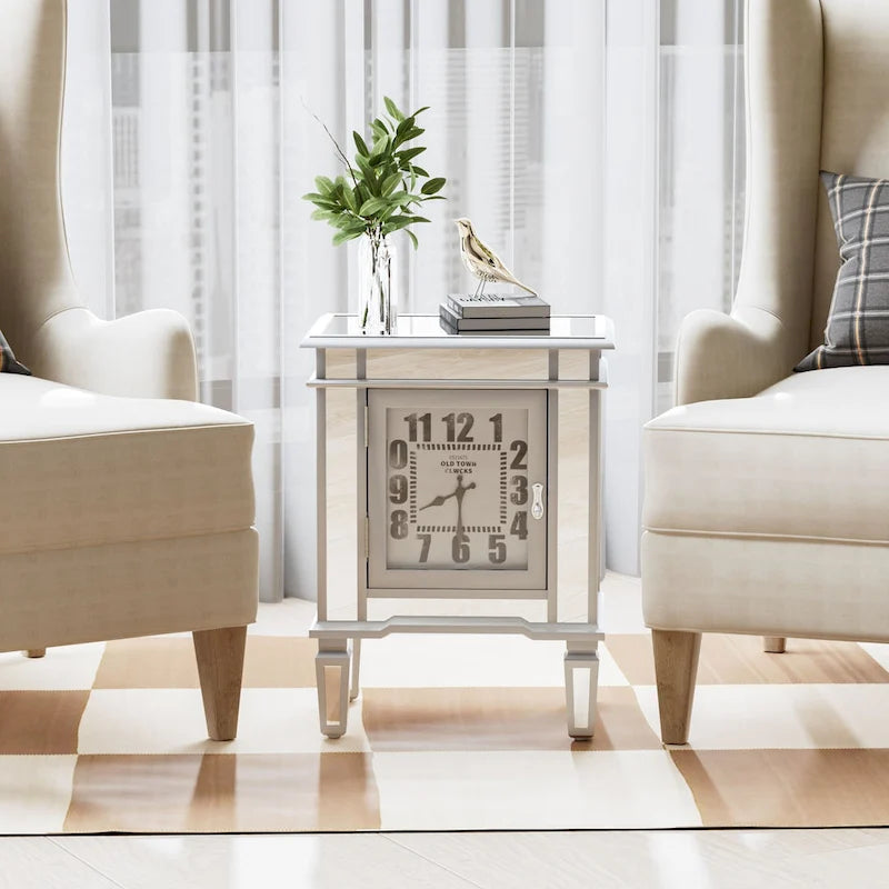 Table d'appoint avec miroir et horloge intégrée — argent antique