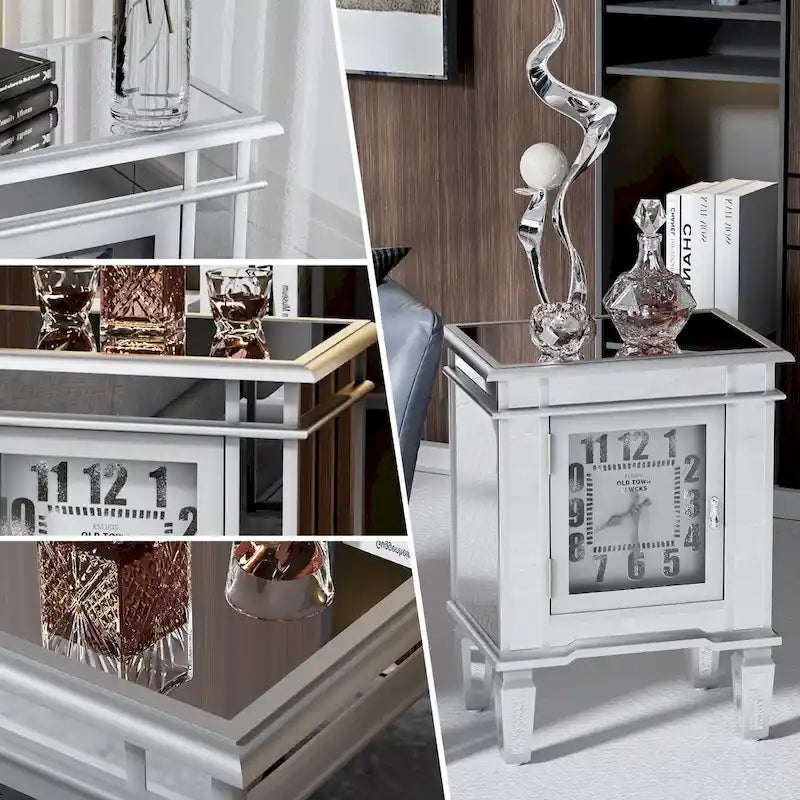 Mirrored Side Table with Built-In Clock — Antique Silver