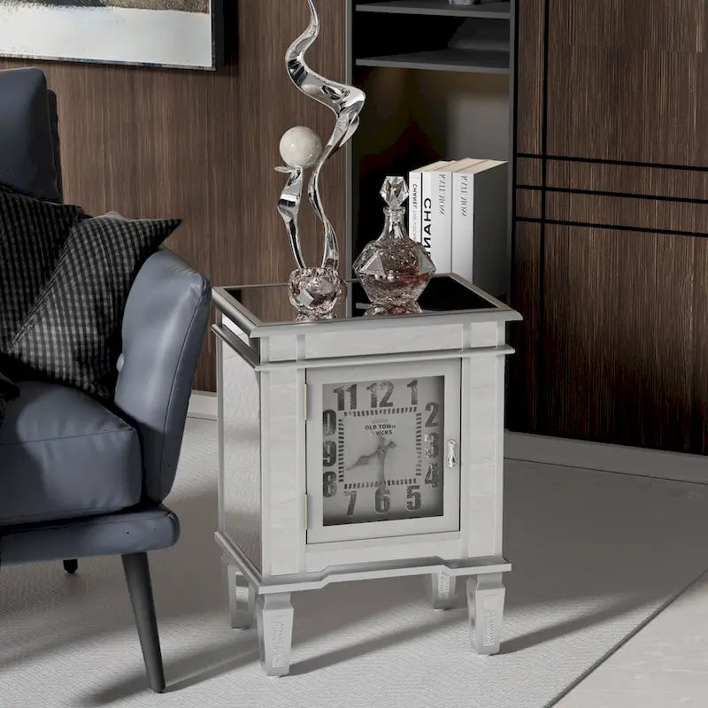 Table d'appoint avec miroir et horloge intégrée — argent antique