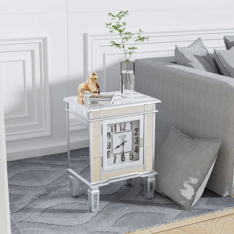 Table d'appoint avec miroir et horloge intégrée — argent antique
