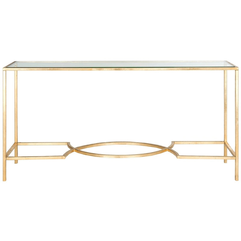 Gold Iron Console Table with Tempered Glass Top — 63"W × 16"D × 32"H